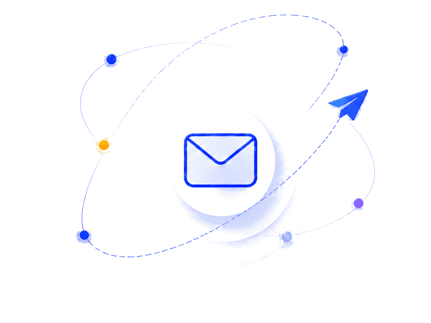 Illustrated communication hub with orbiting message and chat elements