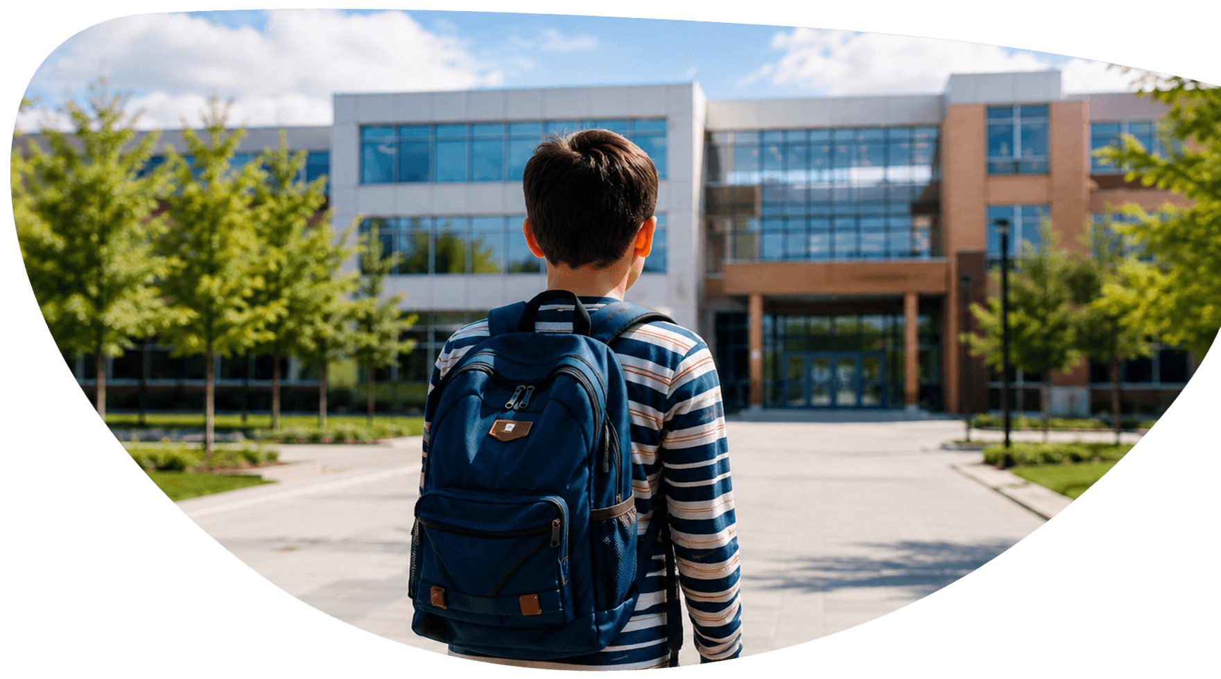 Student walking toward a school campus